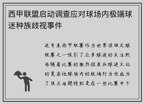 西甲联盟启动调查应对球场内极端球迷种族歧视事件 西甲联盟启动调查应对球场内极端球迷种族歧视事件
