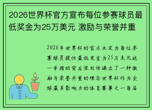 2026世界杯官方宣布每位参赛球员最低奖金为25万美元 激励与荣誉并重